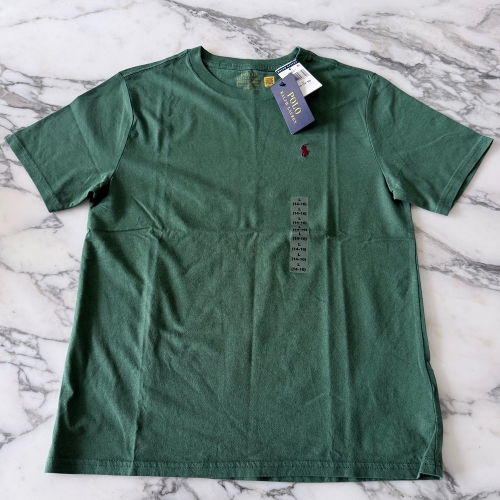 Polo Ralph Lauren Boys Green Crewneck T-Shirt NWT Pony Logo Size L 14-16